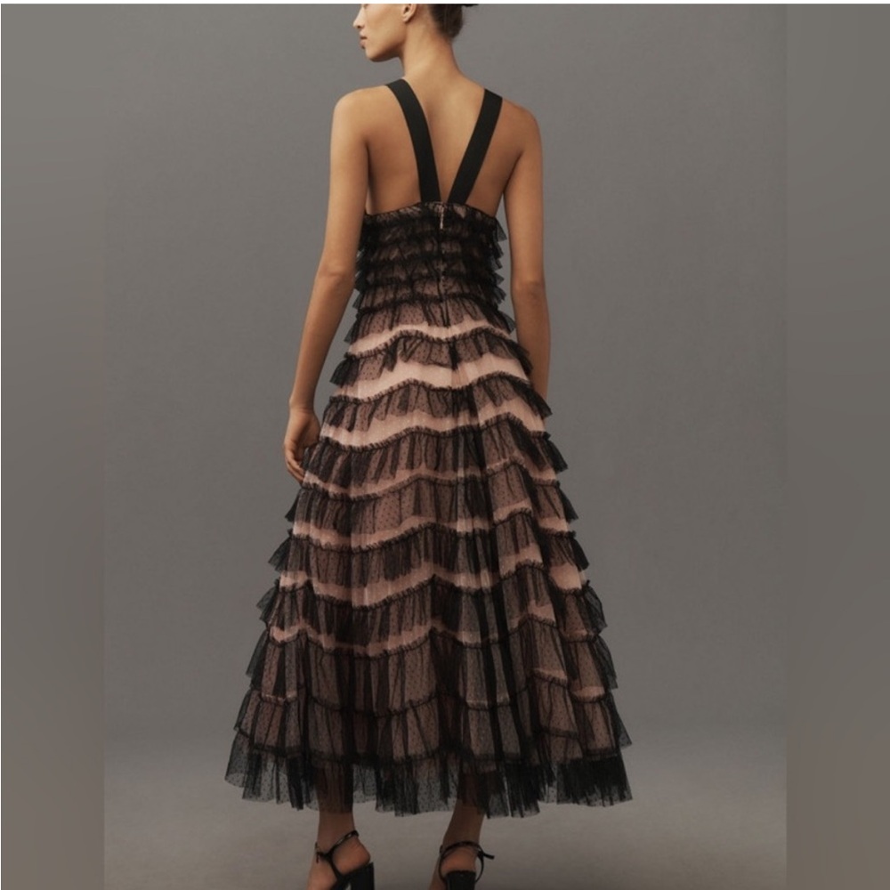 Anthropologie Black and Pink Ruffle Midi Dress